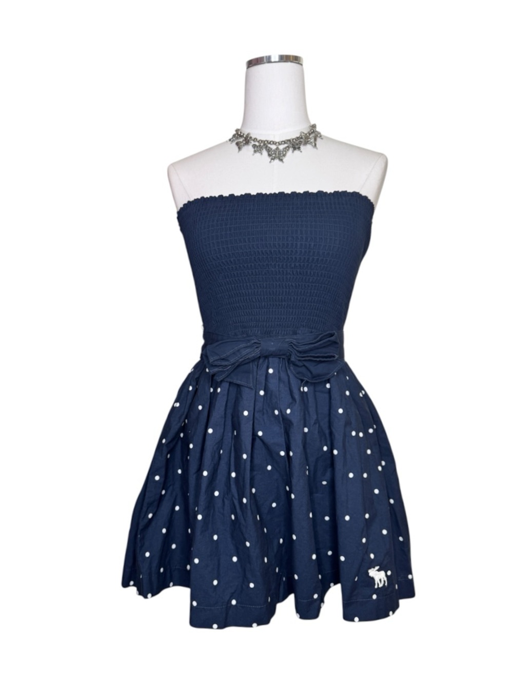 Y2K Abercrombie & Fitch Navy Blue Polka Dot Strapless Bow Mini Dress Size Medium
